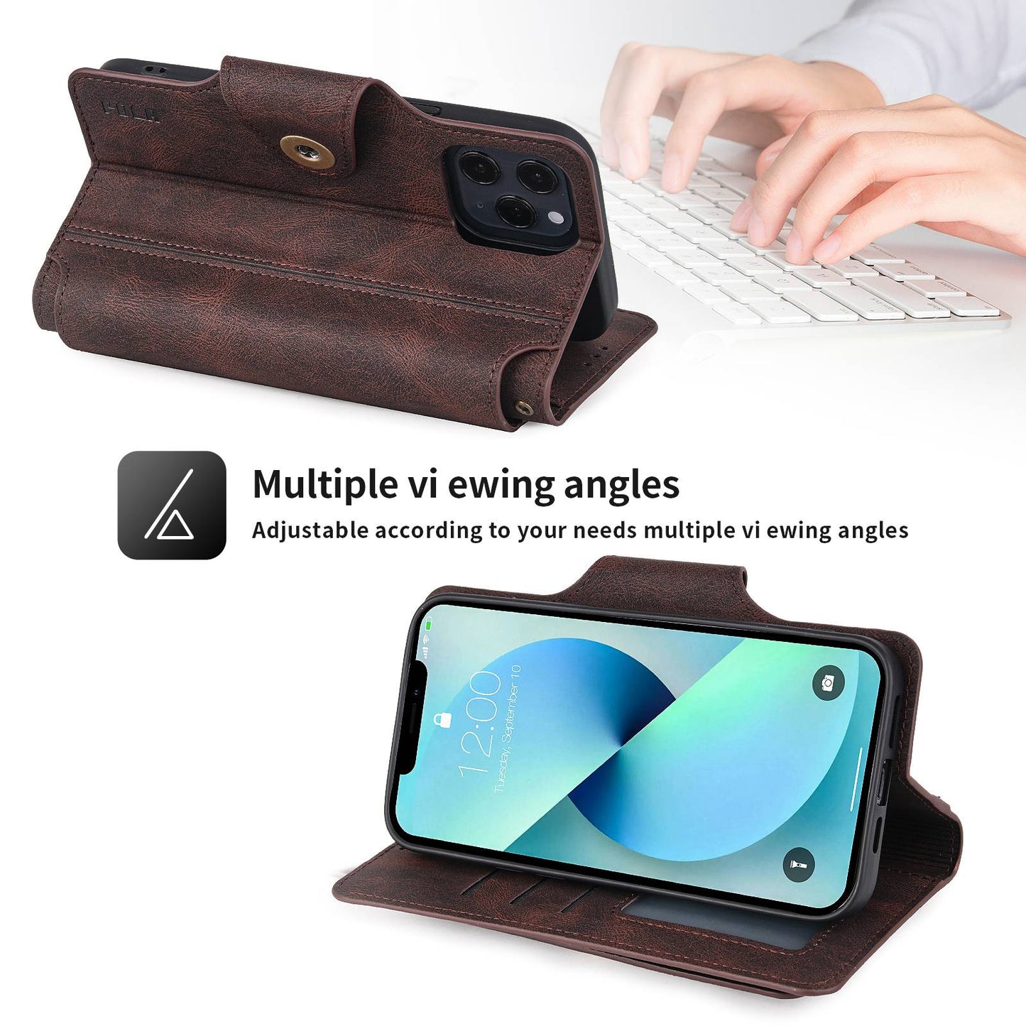 POLA for iPhone 13 Pro 6.1 inch 010 9 Card Slots PU Leather Phone Case with Wallet Stand and Wrist Strap Buckle Closure Cover