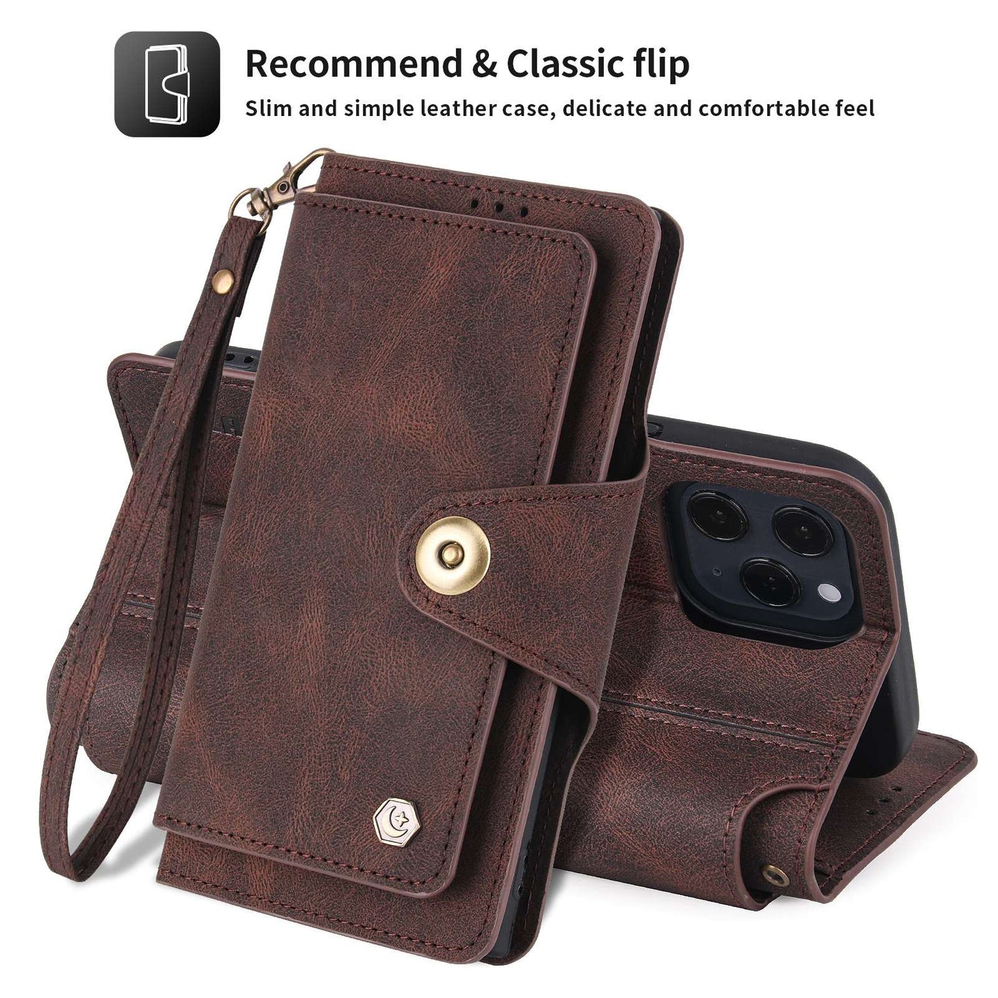 POLA for iPhone 13 Pro 6.1 inch 010 9 Card Slots PU Leather Phone Case with Wallet Stand and Wrist Strap Buckle Closure Cover