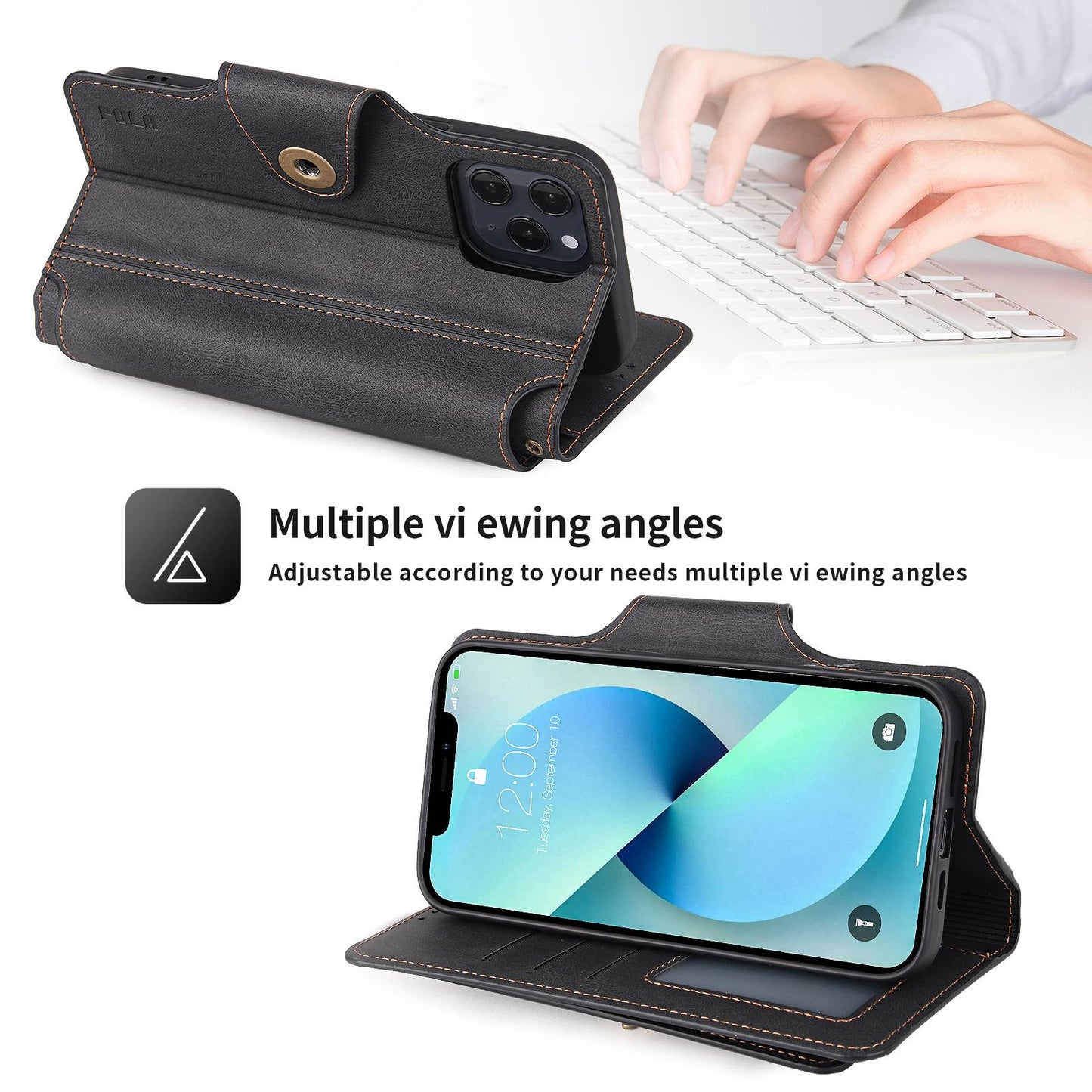 POLA for iPhone 13 Pro 6.1 inch 010 9 Card Slots PU Leather Phone Case with Wallet Stand and Wrist Strap Buckle Closure Cover