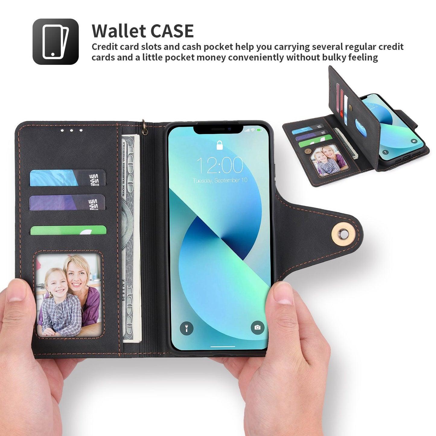 POLA for iPhone 13 Pro 6.1 inch 010 9 Card Slots PU Leather Phone Case with Wallet Stand and Wrist Strap Buckle Closure Cover