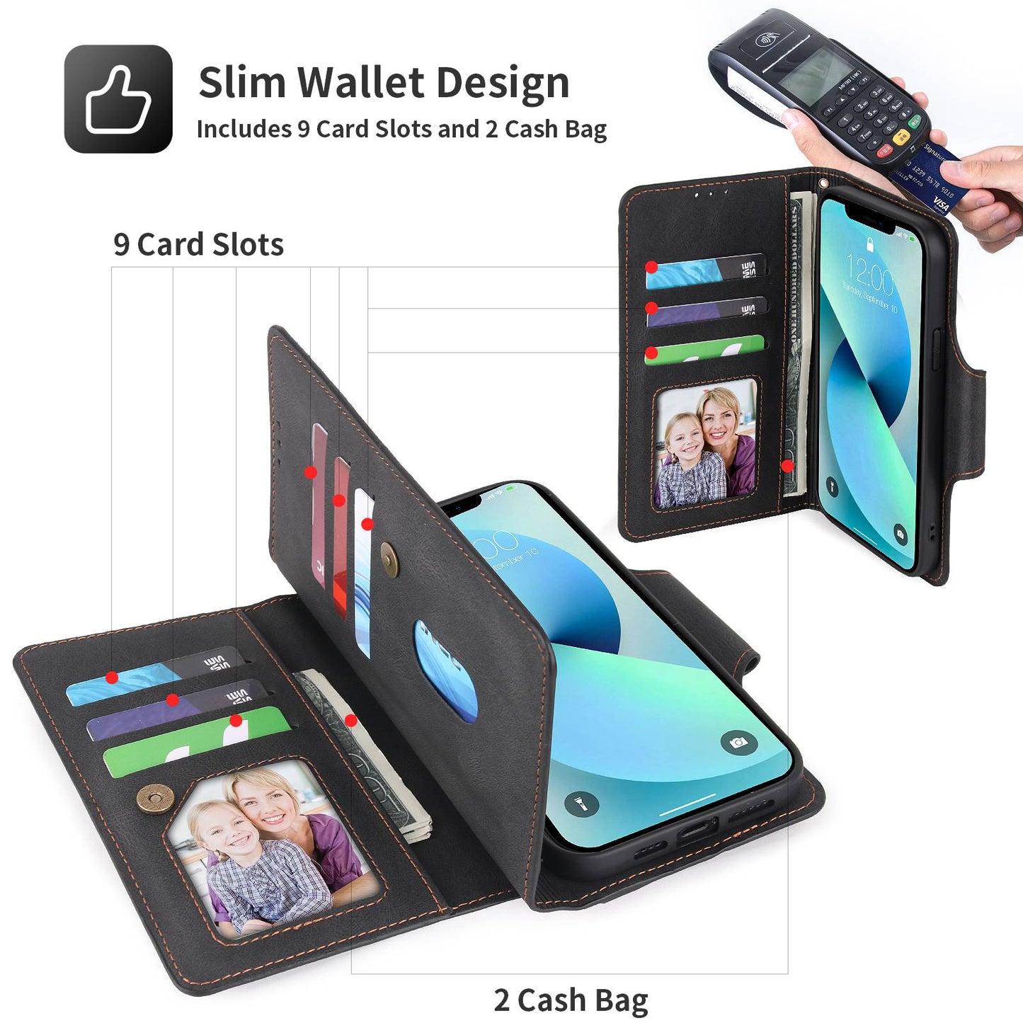 POLA for iPhone 13 Pro 6.1 inch 010 9 Card Slots PU Leather Phone Case with Wallet Stand and Wrist Strap Buckle Closure Cover