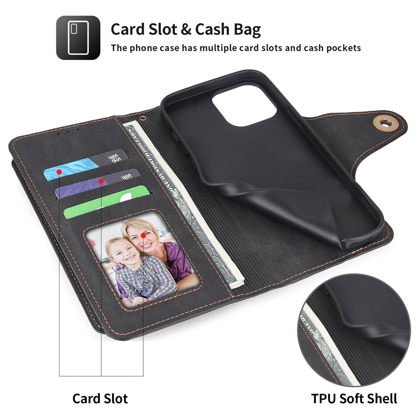 POLA for iPhone 13 Pro 6.1 inch 010 9 Card Slots PU Leather Phone Case with Wallet Stand and Wrist Strap Buckle Closure Cover