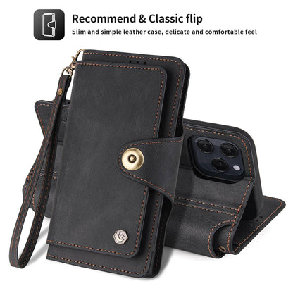 POLA for iPhone 13 Pro 6.1 inch 010 9 Card Slots PU Leather Phone Case with Wallet Stand and Wrist Strap Buckle Closure Cover
