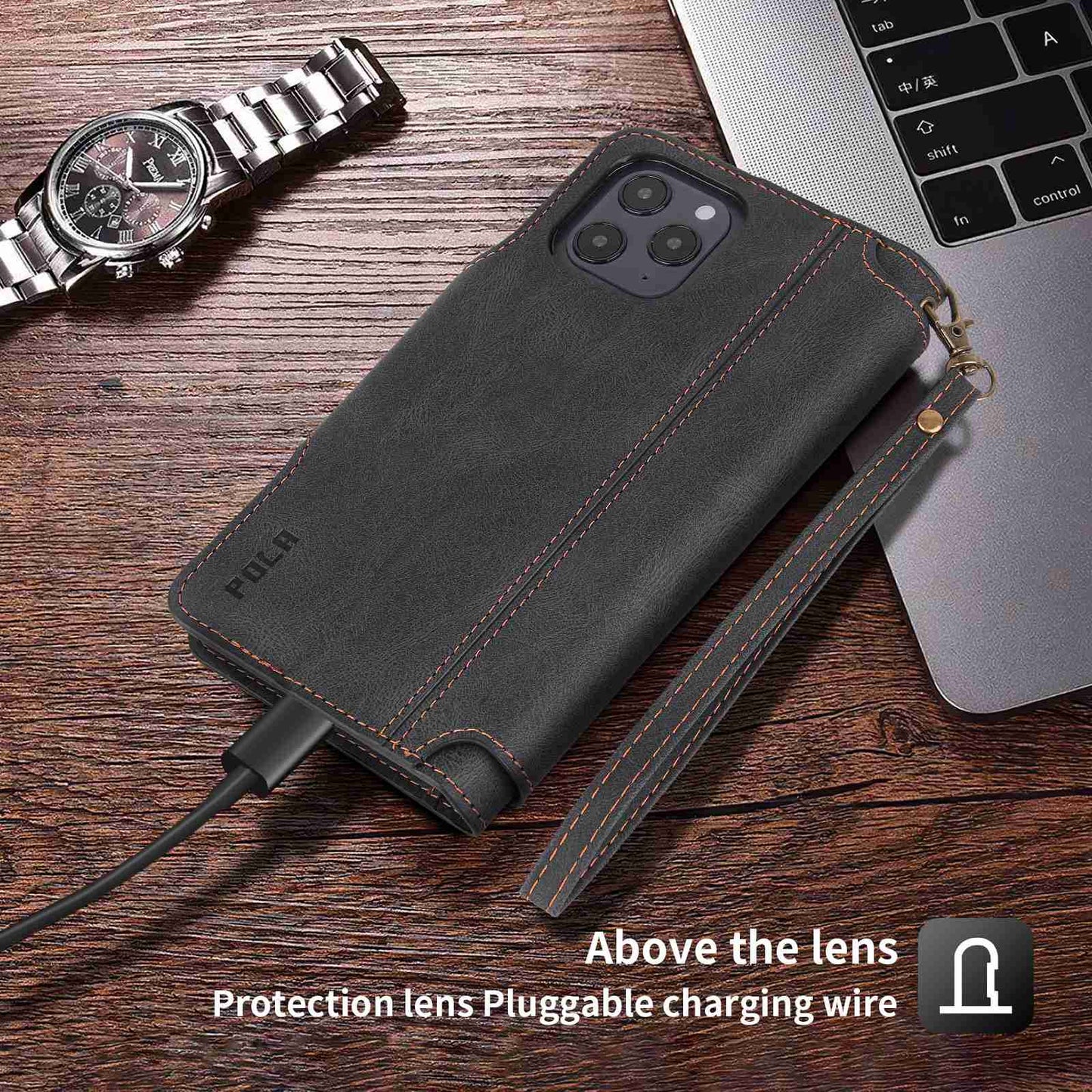 POLA for iPhone 13 Pro 6.1 inch 010 9 Card Slots PU Leather Phone Case with Wallet Stand and Wrist Strap Buckle Closure Cover