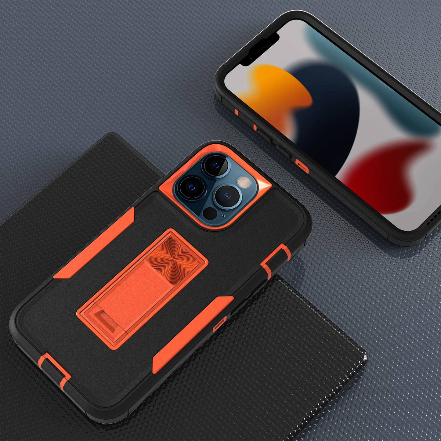 For iPhone 13 Pro 6.1 inch Shockproof PC + TPU Hybrid Phone Cover with Integrated Kickstand Car Mount Metal Sheet Case