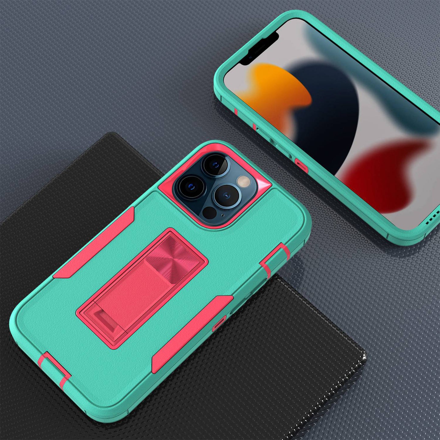 For iPhone 13 Pro 6.1 inch Shockproof PC + TPU Hybrid Phone Cover with Integrated Kickstand Car Mount Metal Sheet Case
