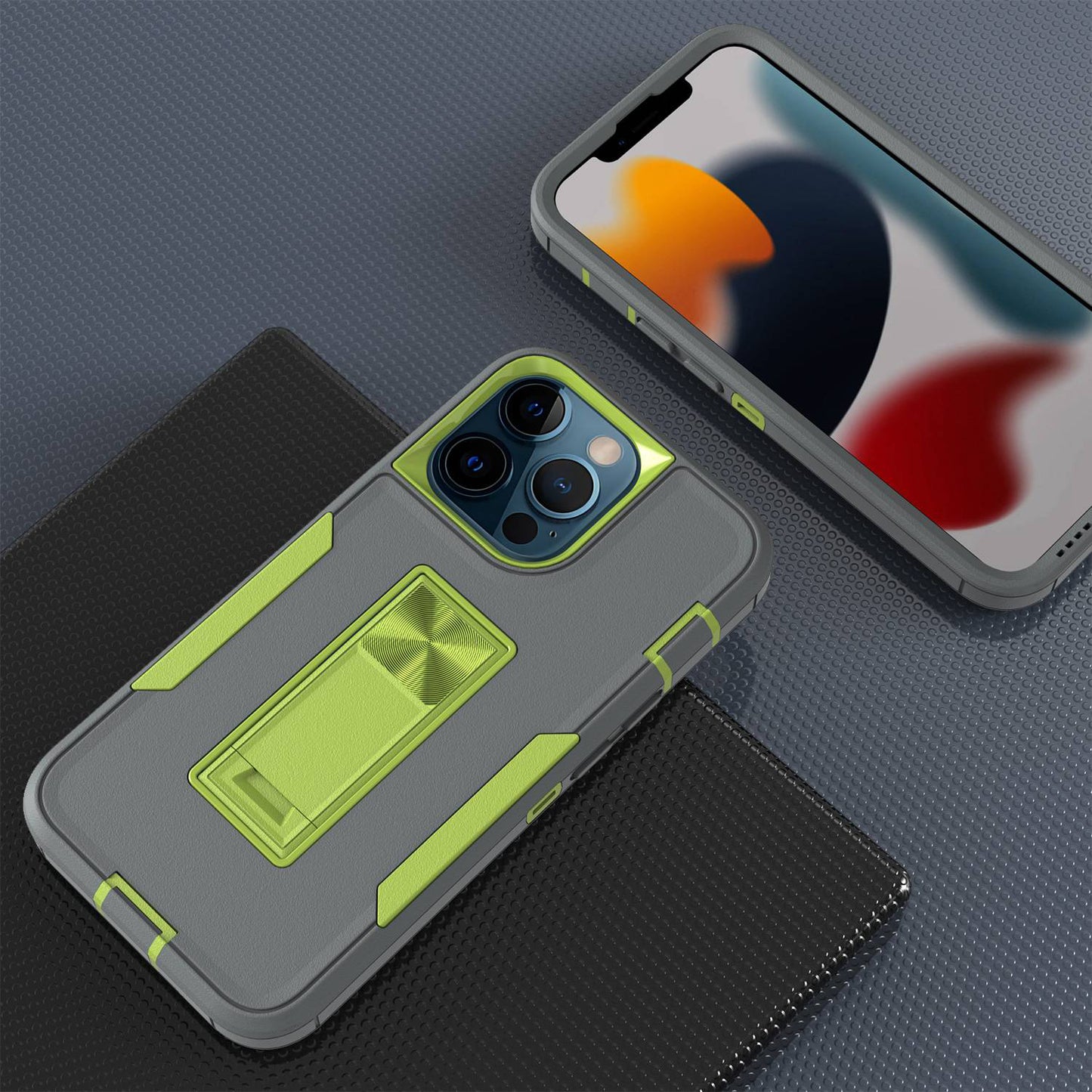 For iPhone 13 Pro 6.1 inch Shockproof PC + TPU Hybrid Phone Cover with Integrated Kickstand Car Mount Metal Sheet Case