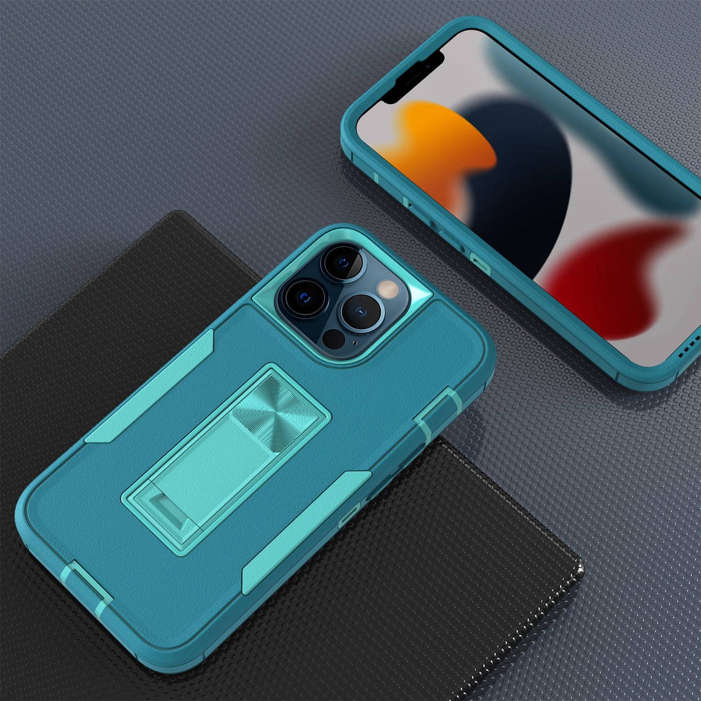 For iPhone 13 Pro 6.1 inch Shockproof PC + TPU Hybrid Phone Cover with Integrated Kickstand Car Mount Metal Sheet Case