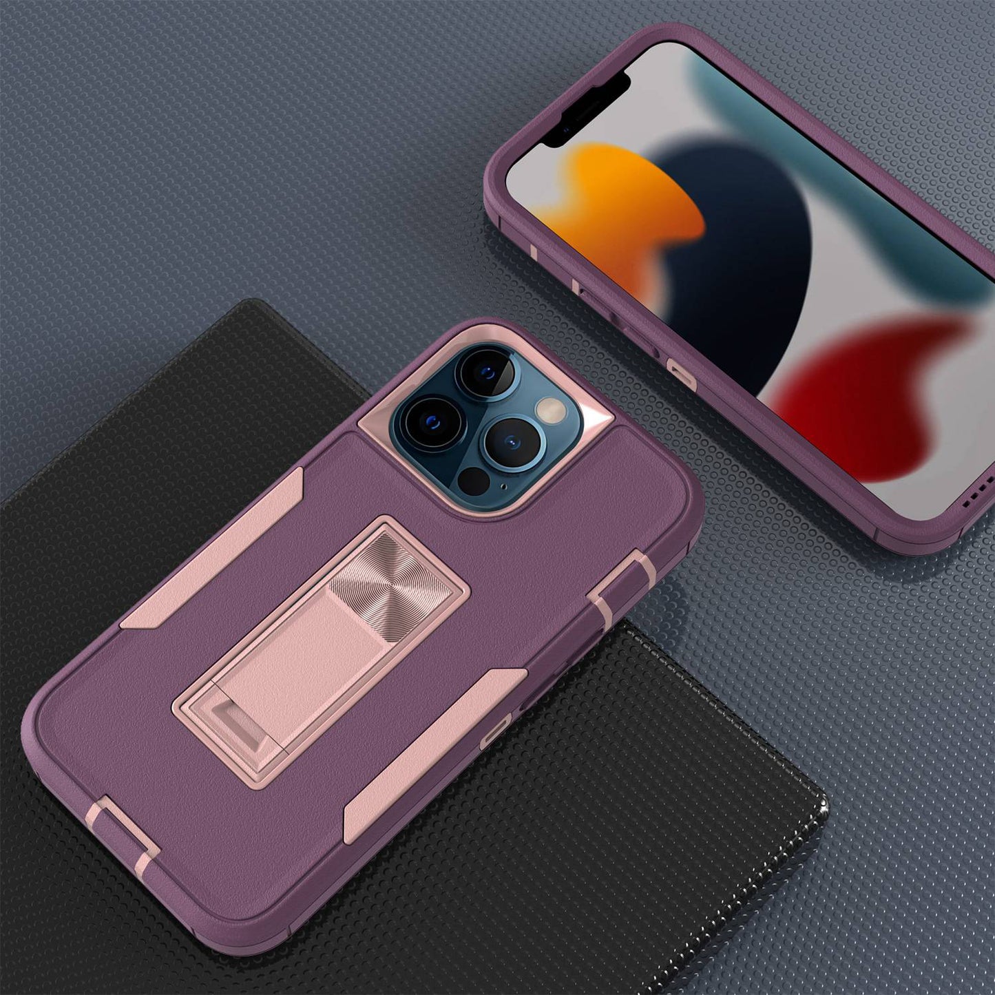 For iPhone 13 Pro 6.1 inch Shockproof PC + TPU Hybrid Phone Cover with Integrated Kickstand Car Mount Metal Sheet Case