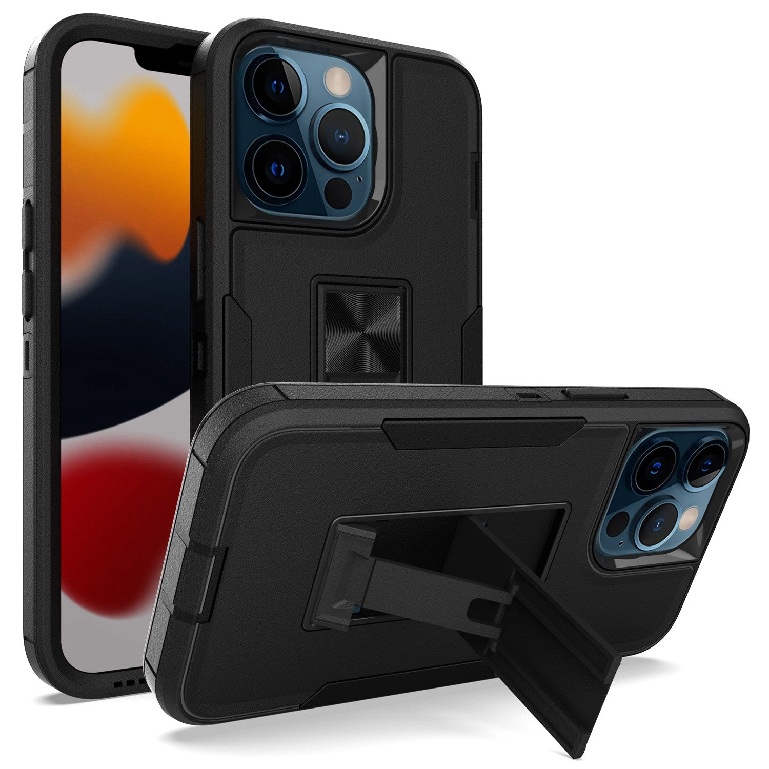 For iPhone 13 Pro 6.1 inch Shockproof PC + TPU Hybrid Phone Cover with Integrated Kickstand Car Mount Metal Sheet Case