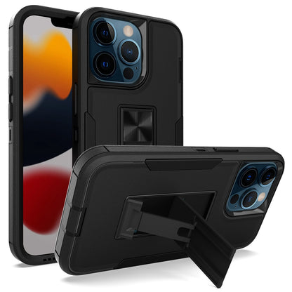For iPhone 13 Pro 6.1 inch Shockproof PC + TPU Hybrid Phone Cover with Integrated Kickstand Car Mount Metal Sheet Case
