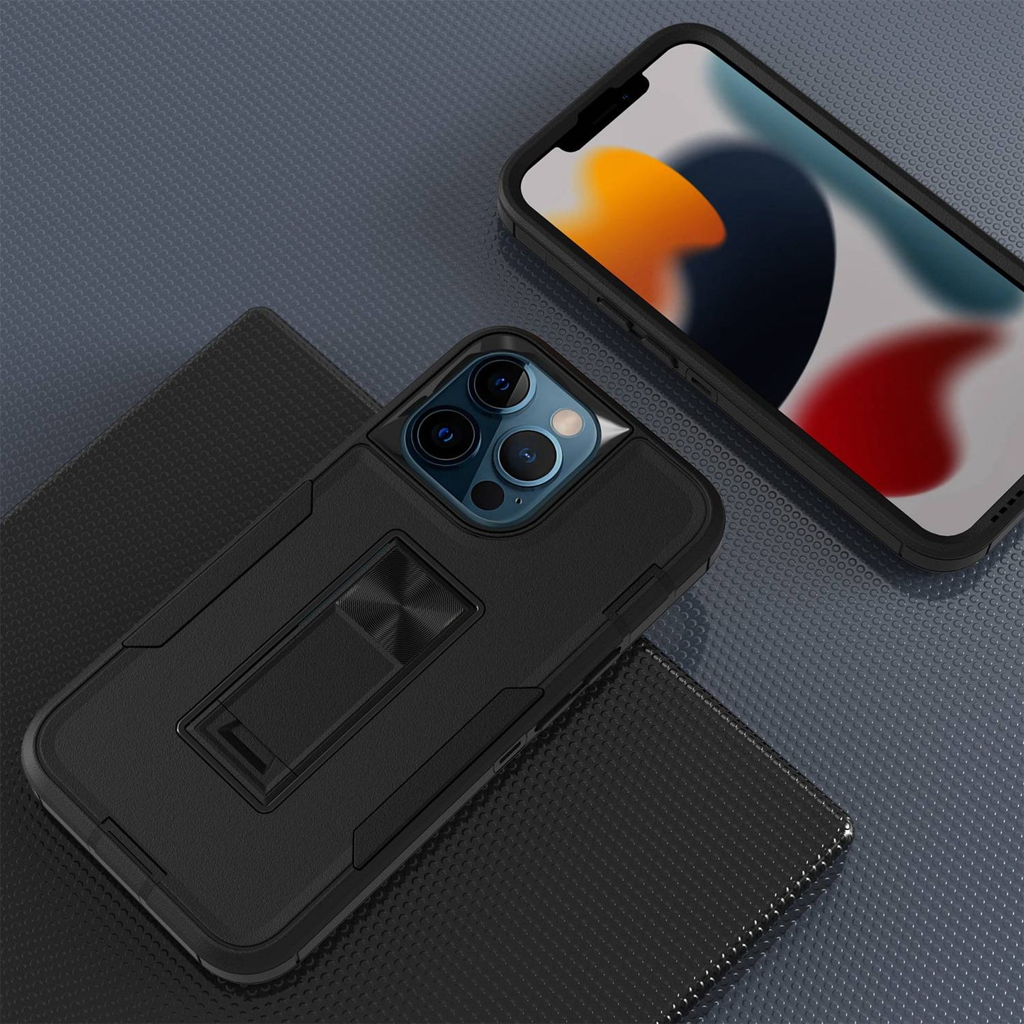 For iPhone 13 Pro 6.1 inch Shockproof PC + TPU Hybrid Phone Cover with Integrated Kickstand Car Mount Metal Sheet Case