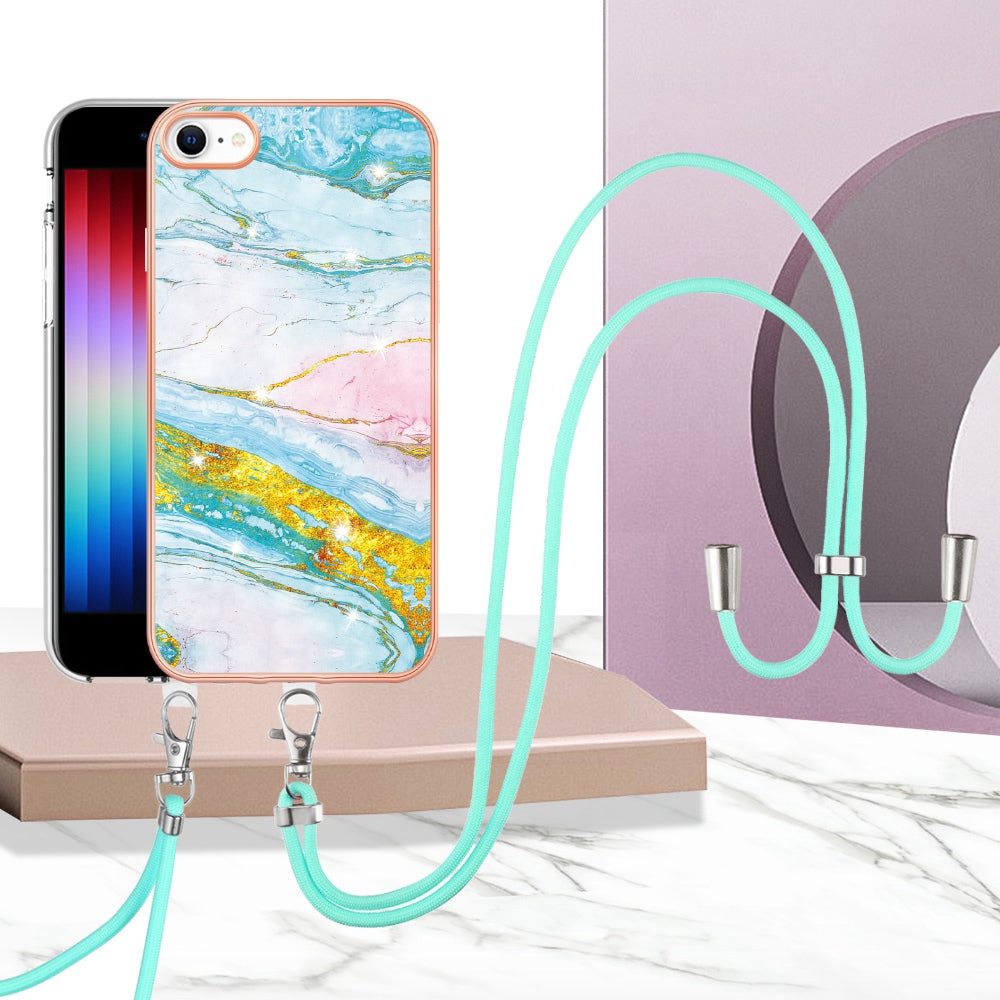 YB IMD Series-9 for iPhone SE (2022)/(2020)/8 4.7 inch/7 4.7 inch Electroplating Phone Case IMD Marble Pattern TPU Back Cover with Lanyard