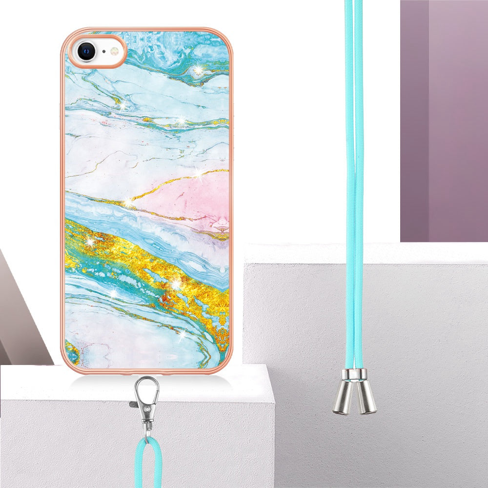 YB IMD Series-9 for iPhone SE (2022)/(2020)/8 4.7 inch/7 4.7 inch Electroplating Phone Case IMD Marble Pattern TPU Back Cover with Lanyard