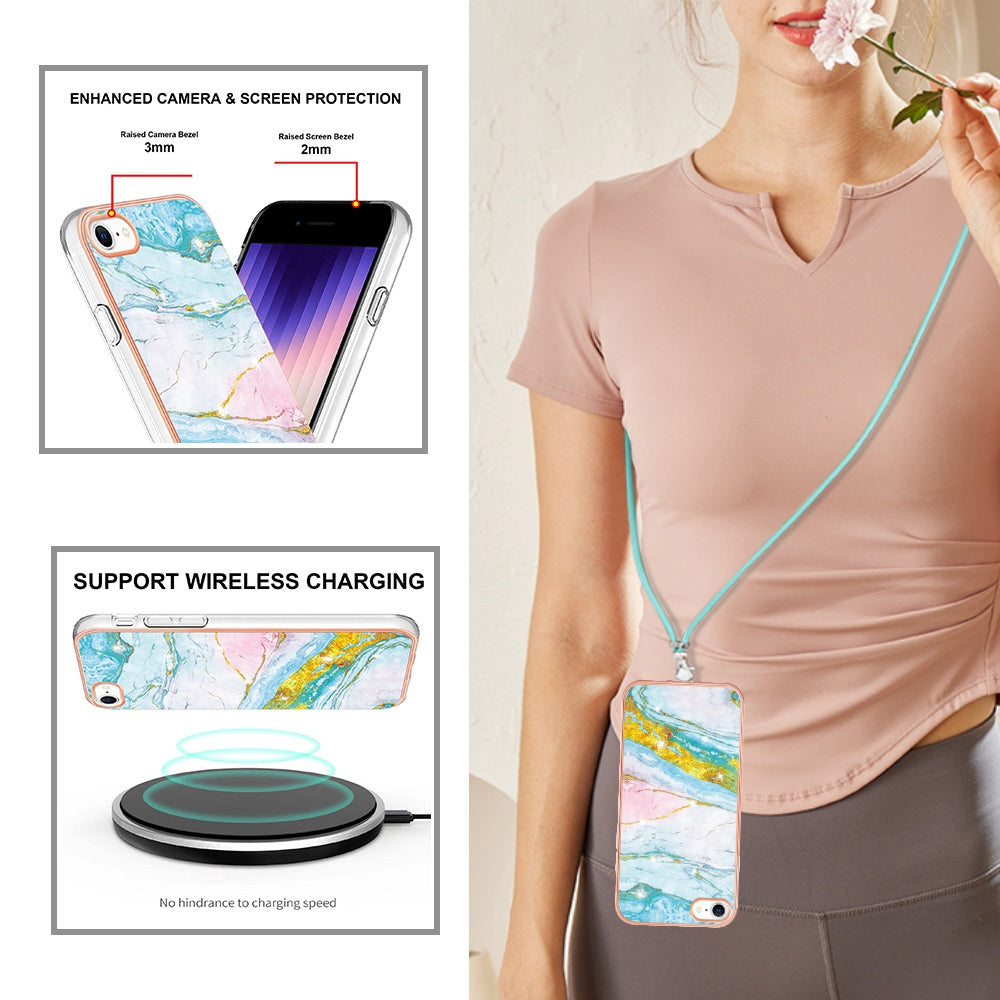 YB IMD Series-9 for iPhone SE (2022)/(2020)/8 4.7 inch/7 4.7 inch Electroplating Phone Case IMD Marble Pattern TPU Back Cover with Lanyard