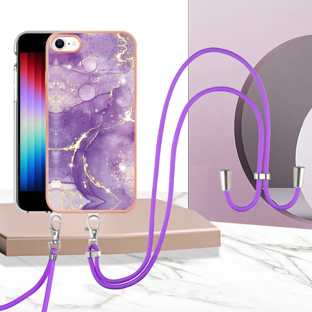 YB IMD Series-9 for iPhone SE (2022)/(2020)/8 4.7 inch/7 4.7 inch Electroplating Phone Case IMD Marble Pattern TPU Back Cover with Lanyard