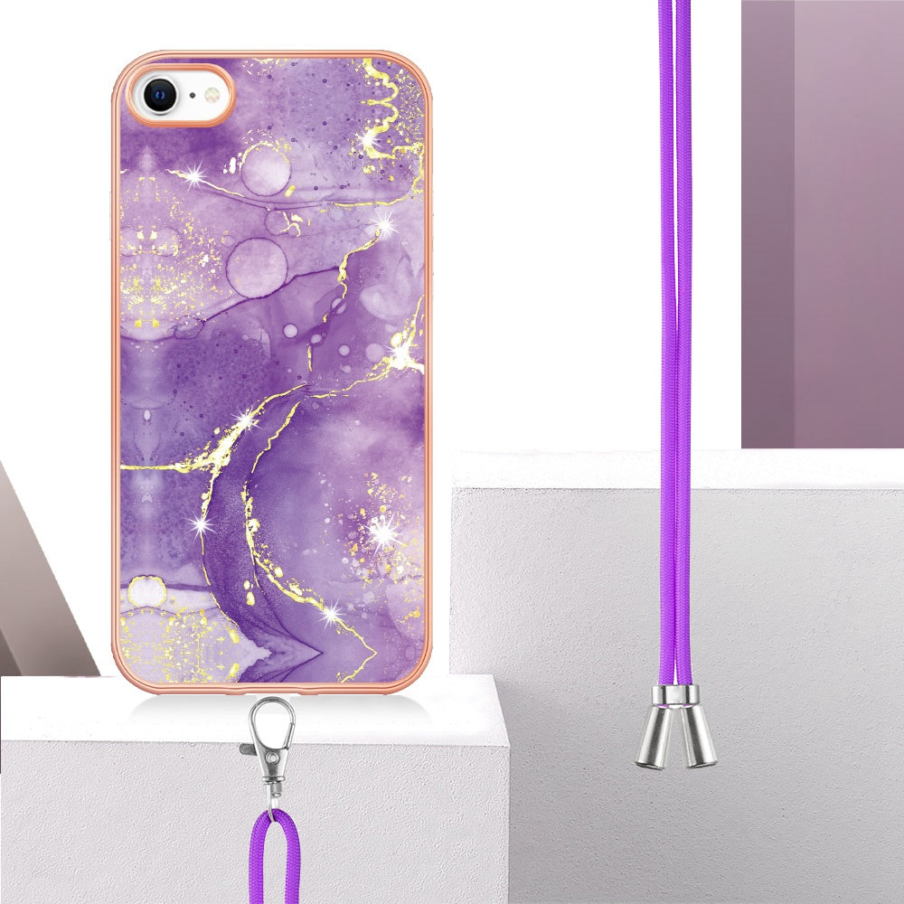YB IMD Series-9 for iPhone SE (2022)/(2020)/8 4.7 inch/7 4.7 inch Electroplating Phone Case IMD Marble Pattern TPU Back Cover with Lanyard