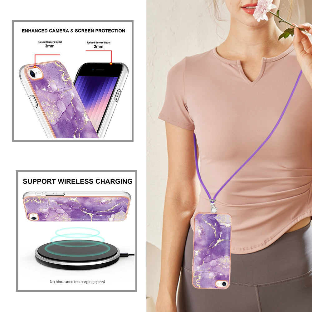 YB IMD Series-9 for iPhone SE (2022)/(2020)/8 4.7 inch/7 4.7 inch Electroplating Phone Case IMD Marble Pattern TPU Back Cover with Lanyard