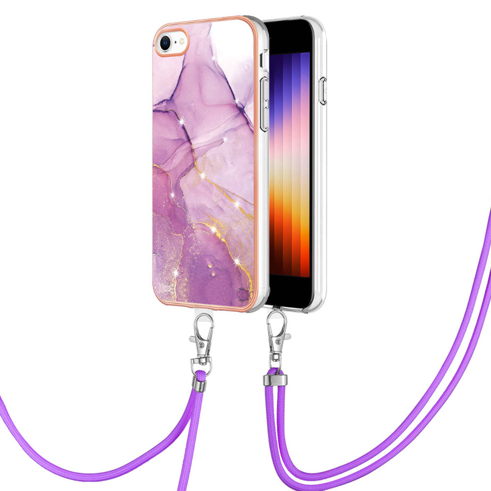 YB IMD Series-9 for iPhone SE (2022)/(2020)/8 4.7 inch/7 4.7 inch Electroplating Phone Case IMD Marble Pattern TPU Back Cover with Lanyard