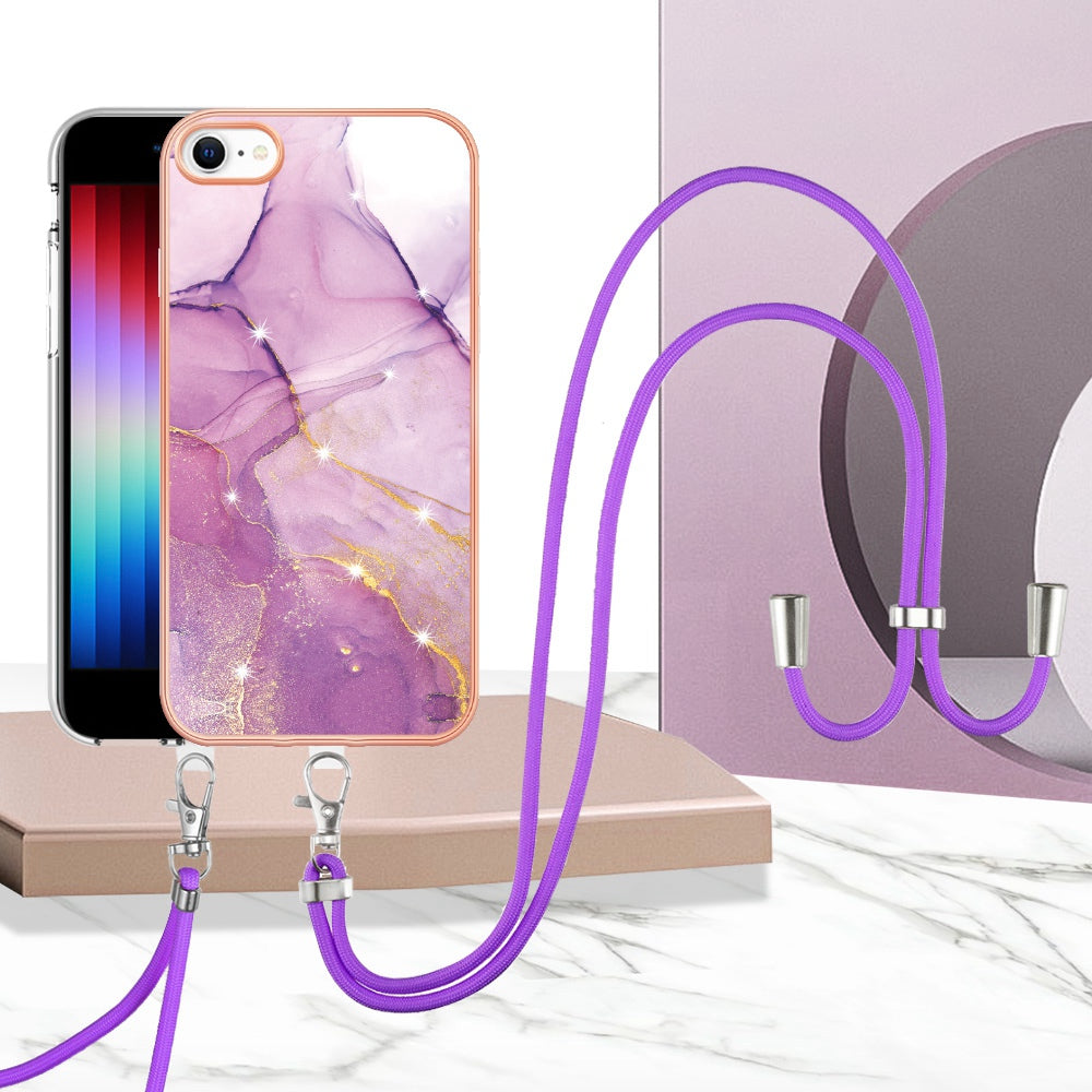 YB IMD Series-9 for iPhone SE (2022)/(2020)/8 4.7 inch/7 4.7 inch Electroplating Phone Case IMD Marble Pattern TPU Back Cover with Lanyard