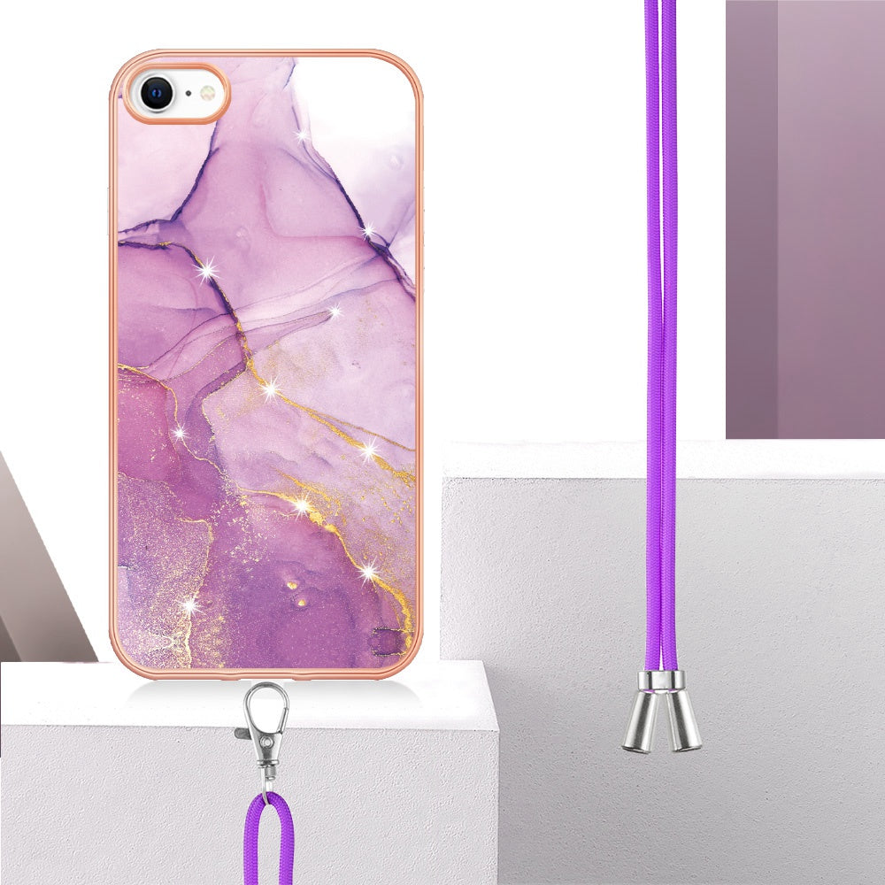 YB IMD Series-9 for iPhone SE (2022)/(2020)/8 4.7 inch/7 4.7 inch Electroplating Phone Case IMD Marble Pattern TPU Back Cover with Lanyard