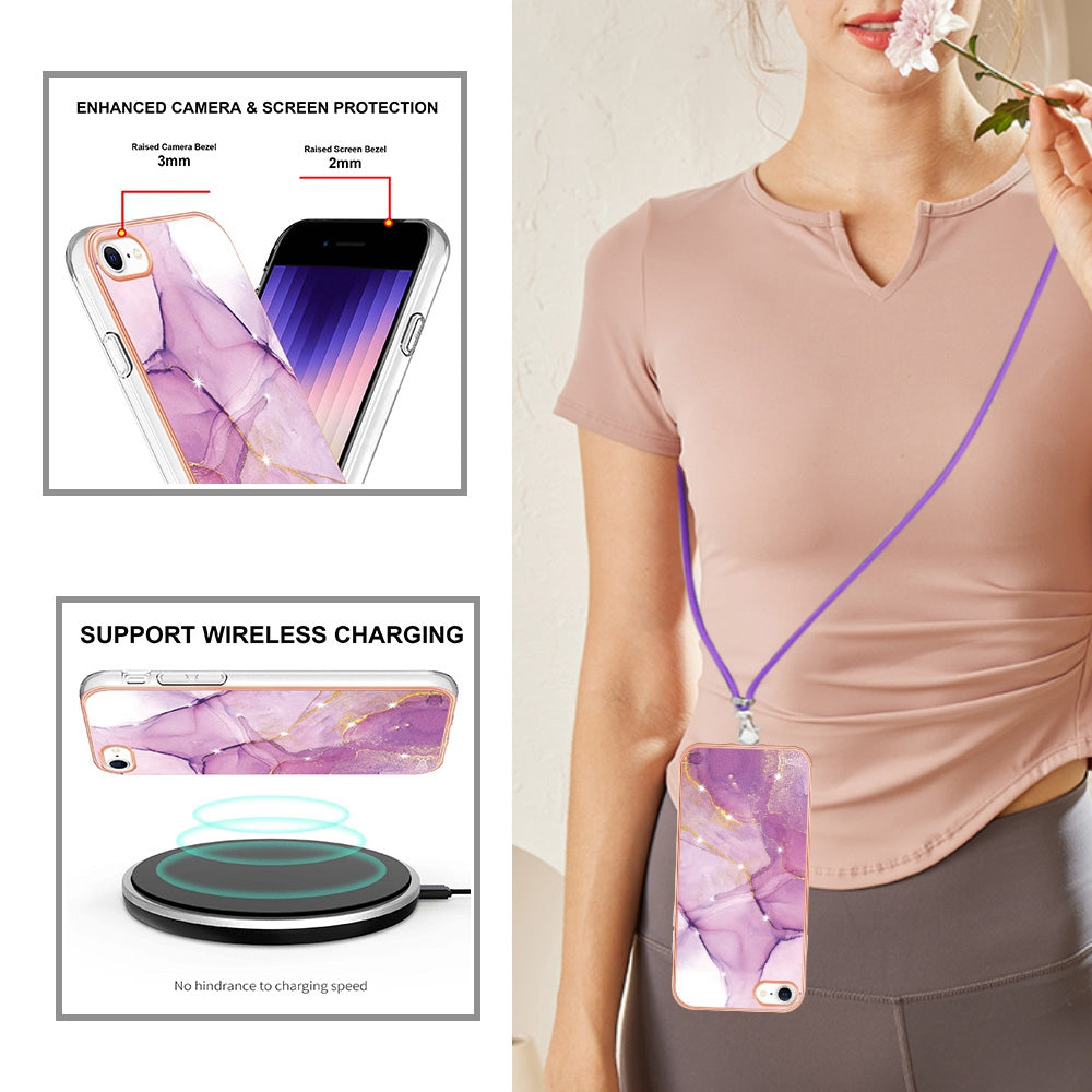 YB IMD Series-9 for iPhone SE (2022)/(2020)/8 4.7 inch/7 4.7 inch Electroplating Phone Case IMD Marble Pattern TPU Back Cover with Lanyard