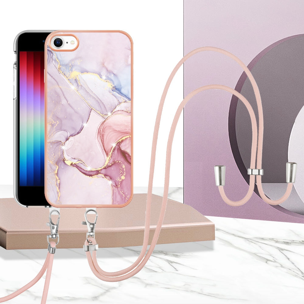 YB IMD Series-9 for iPhone SE (2022)/(2020)/8 4.7 inch/7 4.7 inch Electroplating Phone Case IMD Marble Pattern TPU Back Cover with Lanyard