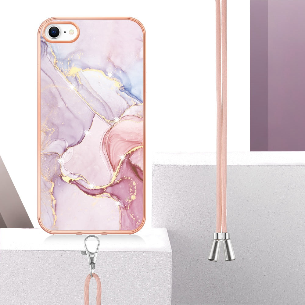 YB IMD Series-9 for iPhone SE (2022)/(2020)/8 4.7 inch/7 4.7 inch Electroplating Phone Case IMD Marble Pattern TPU Back Cover with Lanyard