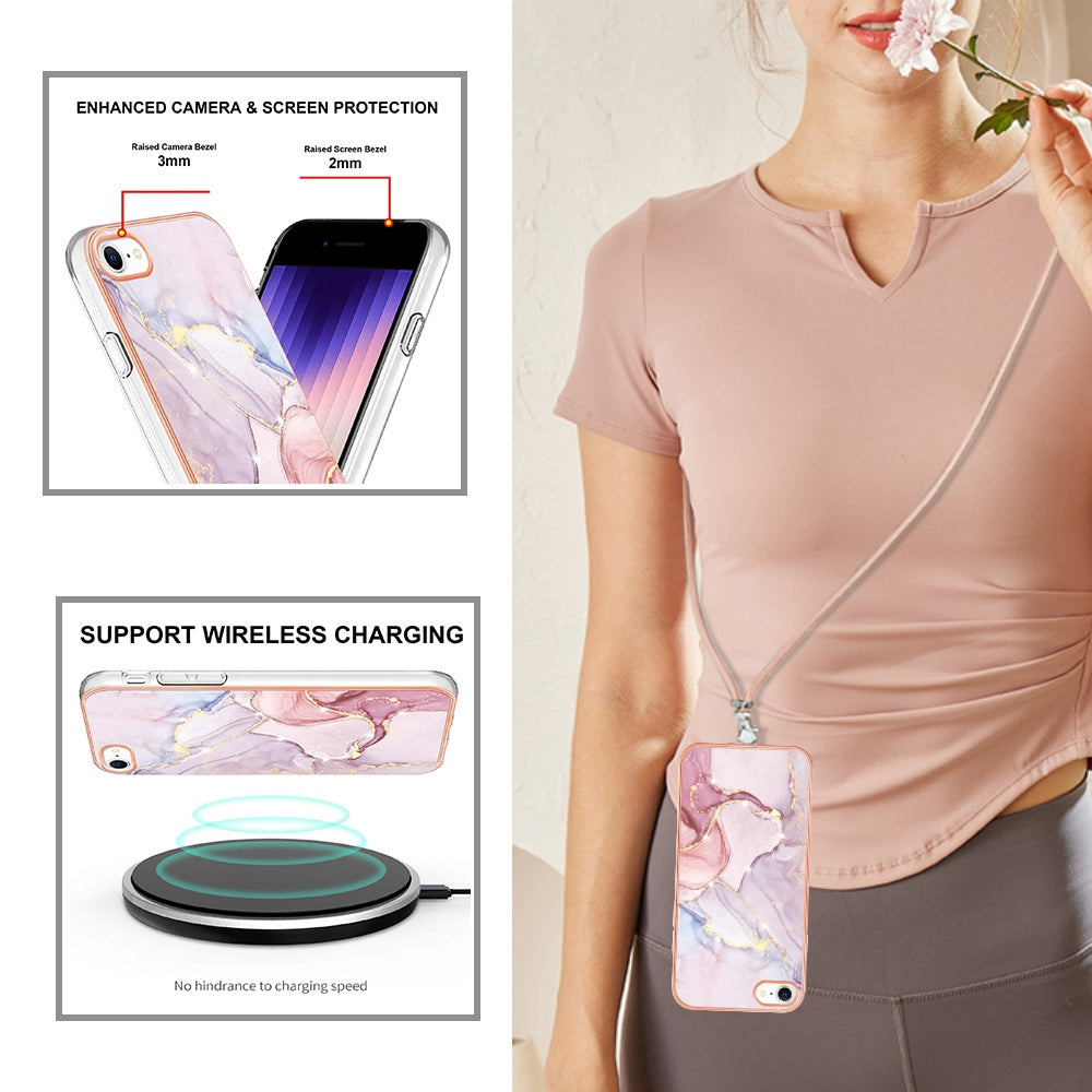 YB IMD Series-9 for iPhone SE (2022)/(2020)/8 4.7 inch/7 4.7 inch Electroplating Phone Case IMD Marble Pattern TPU Back Cover with Lanyard
