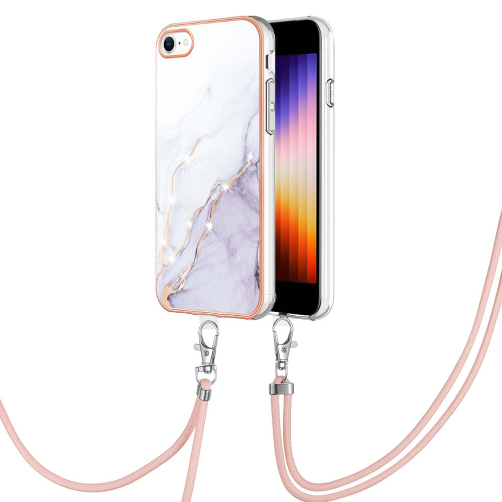 YB IMD Series-9 for iPhone SE (2022)/(2020)/8 4.7 inch/7 4.7 inch Electroplating Phone Case IMD Marble Pattern TPU Back Cover with Lanyard