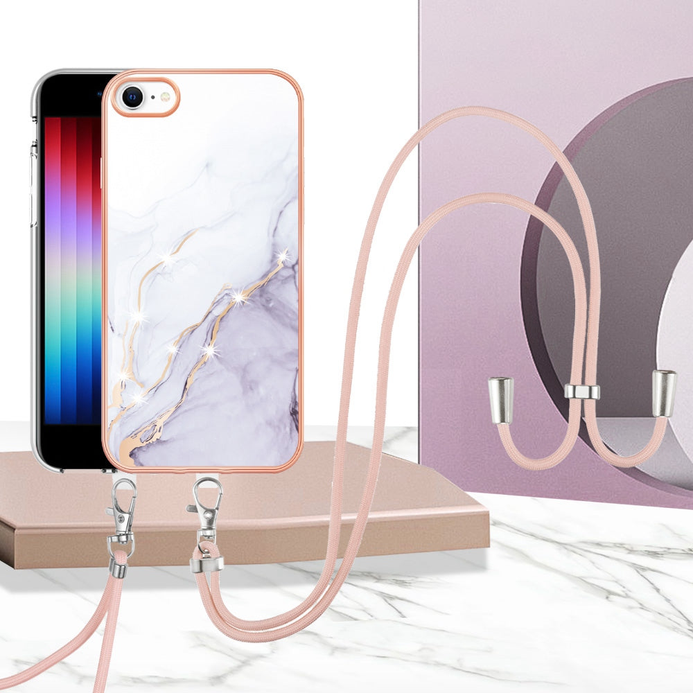 YB IMD Series-9 for iPhone SE (2022)/(2020)/8 4.7 inch/7 4.7 inch Electroplating Phone Case IMD Marble Pattern TPU Back Cover with Lanyard