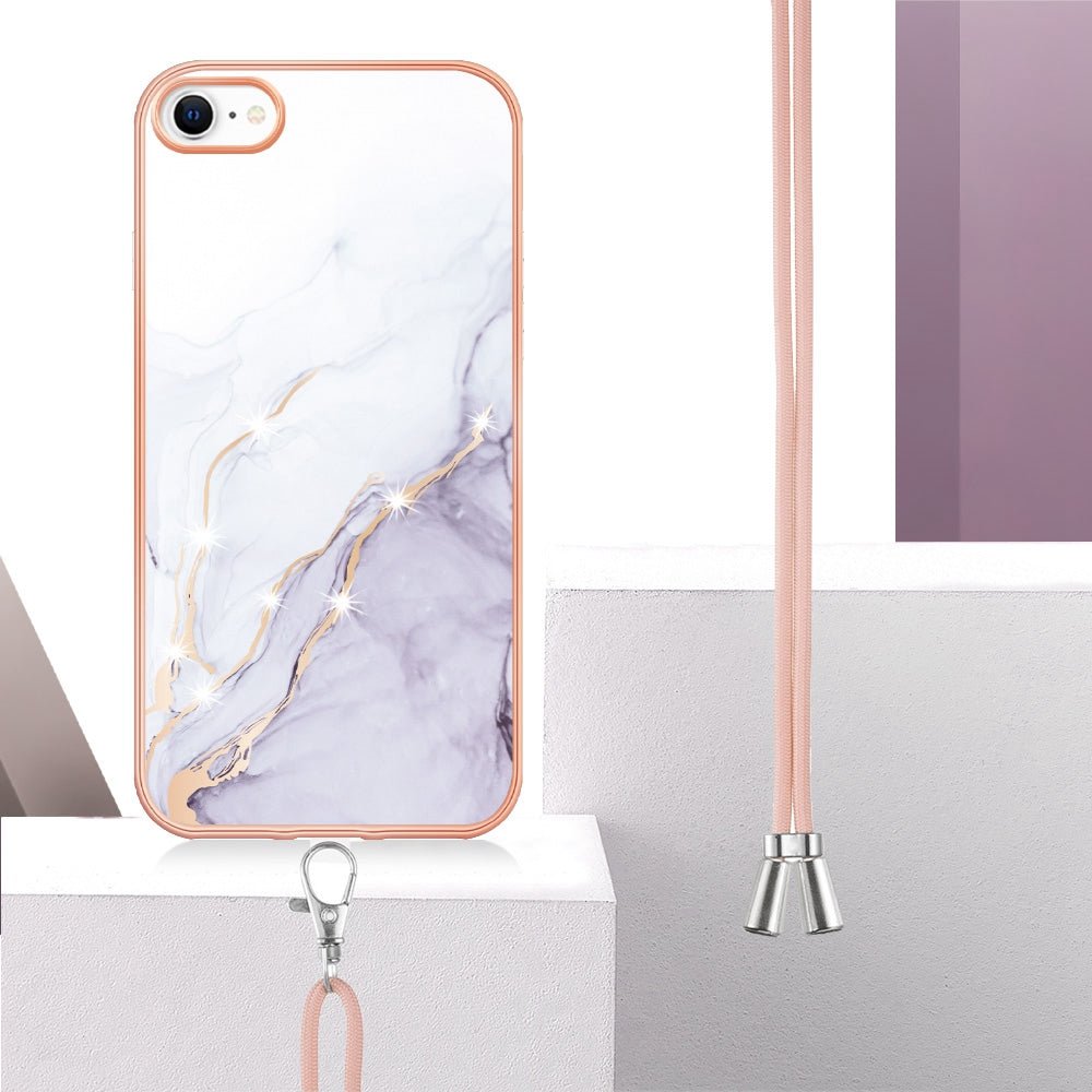YB IMD Series-9 for iPhone SE (2022)/(2020)/8 4.7 inch/7 4.7 inch Electroplating Phone Case IMD Marble Pattern TPU Back Cover with Lanyard