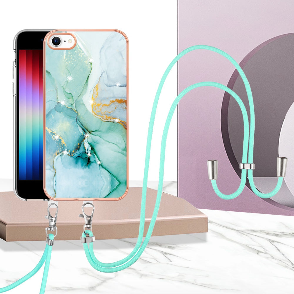 YB IMD Series-9 for iPhone SE (2022)/(2020)/8 4.7 inch/7 4.7 inch Electroplating Phone Case IMD Marble Pattern TPU Back Cover with Lanyard