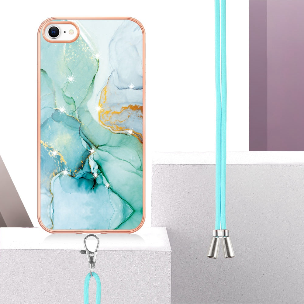 YB IMD Series-9 for iPhone SE (2022)/(2020)/8 4.7 inch/7 4.7 inch Electroplating Phone Case IMD Marble Pattern TPU Back Cover with Lanyard