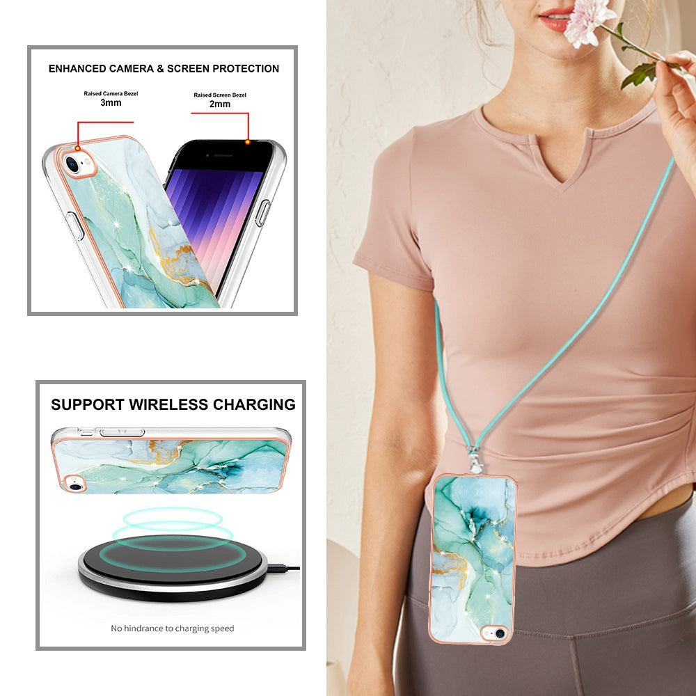 YB IMD Series-9 for iPhone SE (2022)/(2020)/8 4.7 inch/7 4.7 inch Electroplating Phone Case IMD Marble Pattern TPU Back Cover with Lanyard