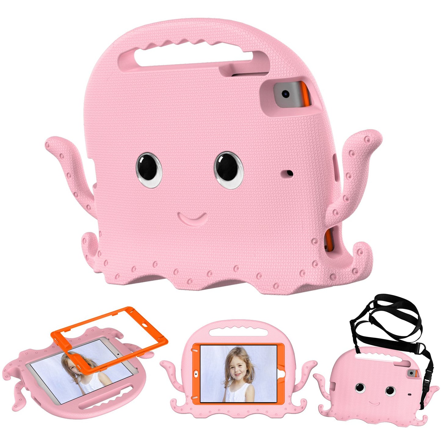 For iPad Mini/Mini 2/mini 3/mini 4/mini (2019) 7.9 inch EVA Tablet Case Cute Cartoon Octopus Protective Cover Pen Slot Design Anti-drop Case with Handle and Shoulder Strap