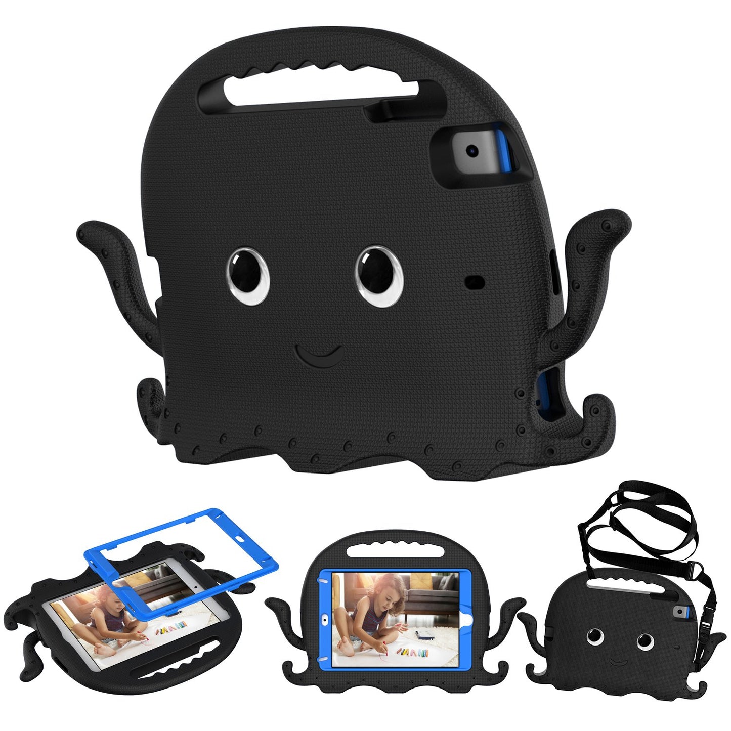 For iPad Mini/Mini 2/mini 3/mini 4/mini (2019) 7.9 inch EVA Tablet Case Cute Cartoon Octopus Protective Cover Pen Slot Design Anti-drop Case with Handle and Shoulder Strap