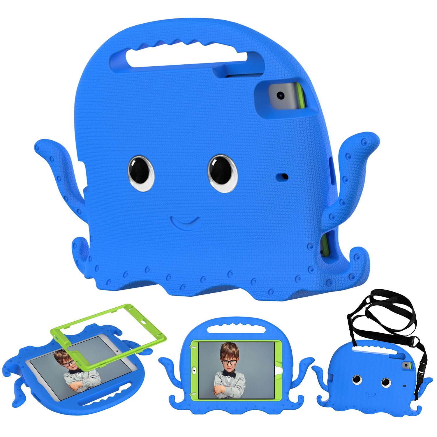 For iPad Mini/Mini 2/mini 3/mini 4/mini (2019) 7.9 inch EVA Tablet Case Cute Cartoon Octopus Protective Cover Pen Slot Design Anti-drop Case with Handle and Shoulder Strap