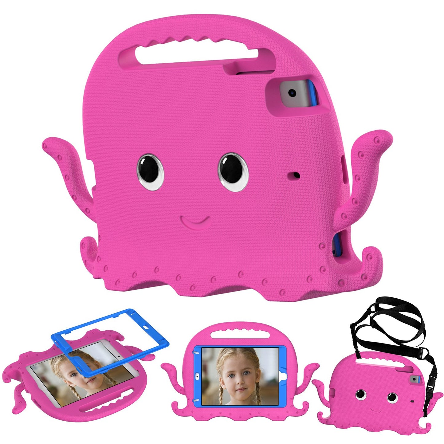 For iPad Mini/Mini 2/mini 3/mini 4/mini (2019) 7.9 inch EVA Tablet Case Cute Cartoon Octopus Protective Cover Pen Slot Design Anti-drop Case with Handle and Shoulder Strap