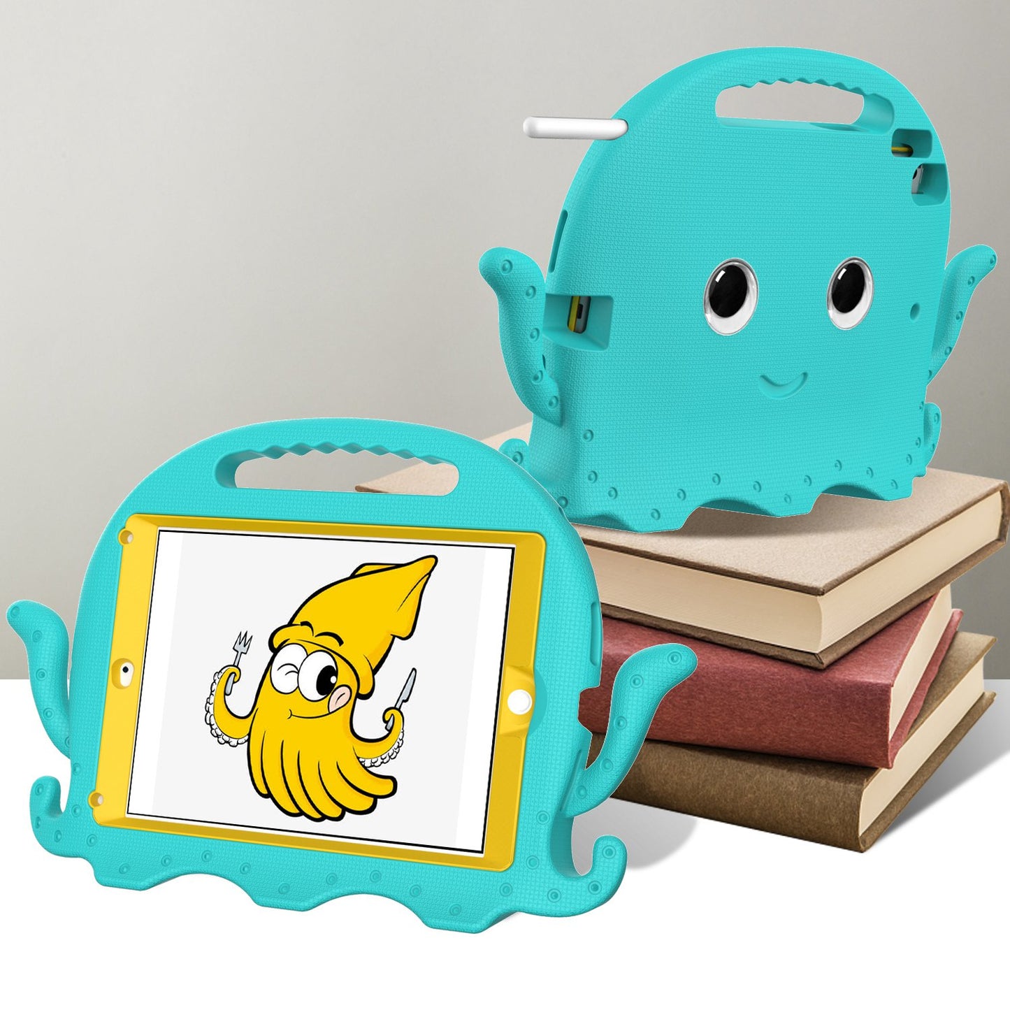 For iPad 9.7-inch (2017)/(2018)/iPad Pro 9.7 inch (2016) Portable EVA Case Cute Cartoon Octopus Pen Slot Design Anti-drop Tablet Protective Cover with Handle and Shoulder Strap