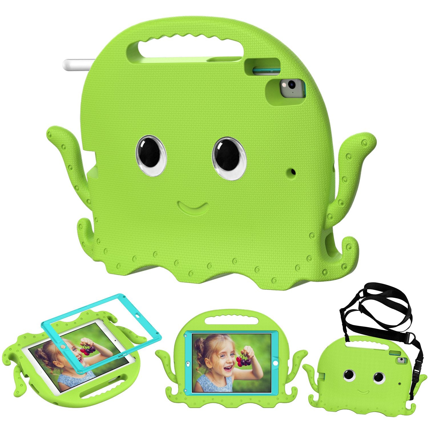 For iPad 9.7-inch (2017)/(2018)/iPad Pro 9.7 inch (2016) Portable EVA Case Cute Cartoon Octopus Pen Slot Design Anti-drop Tablet Protective Cover with Handle and Shoulder Strap