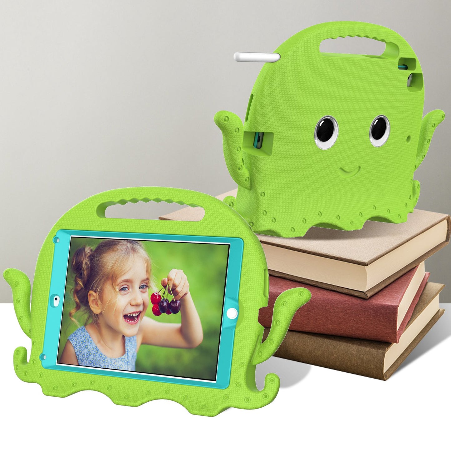 For iPad 9.7-inch (2017)/(2018)/iPad Pro 9.7 inch (2016) Portable EVA Case Cute Cartoon Octopus Pen Slot Design Anti-drop Tablet Protective Cover with Handle and Shoulder Strap