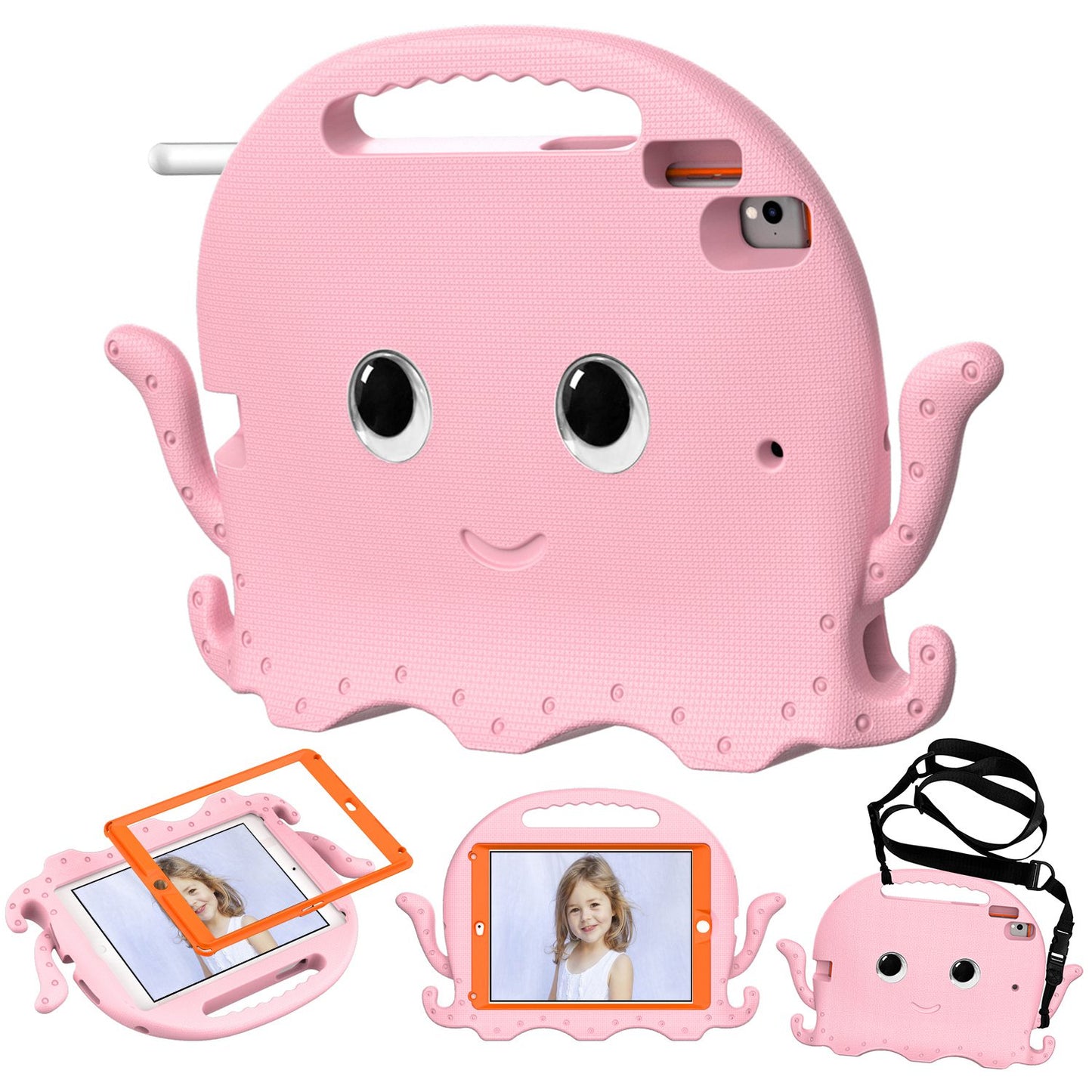For iPad 9.7-inch (2017)/(2018)/iPad Pro 9.7 inch (2016) Portable EVA Case Cute Cartoon Octopus Pen Slot Design Anti-drop Tablet Protective Cover with Handle and Shoulder Strap