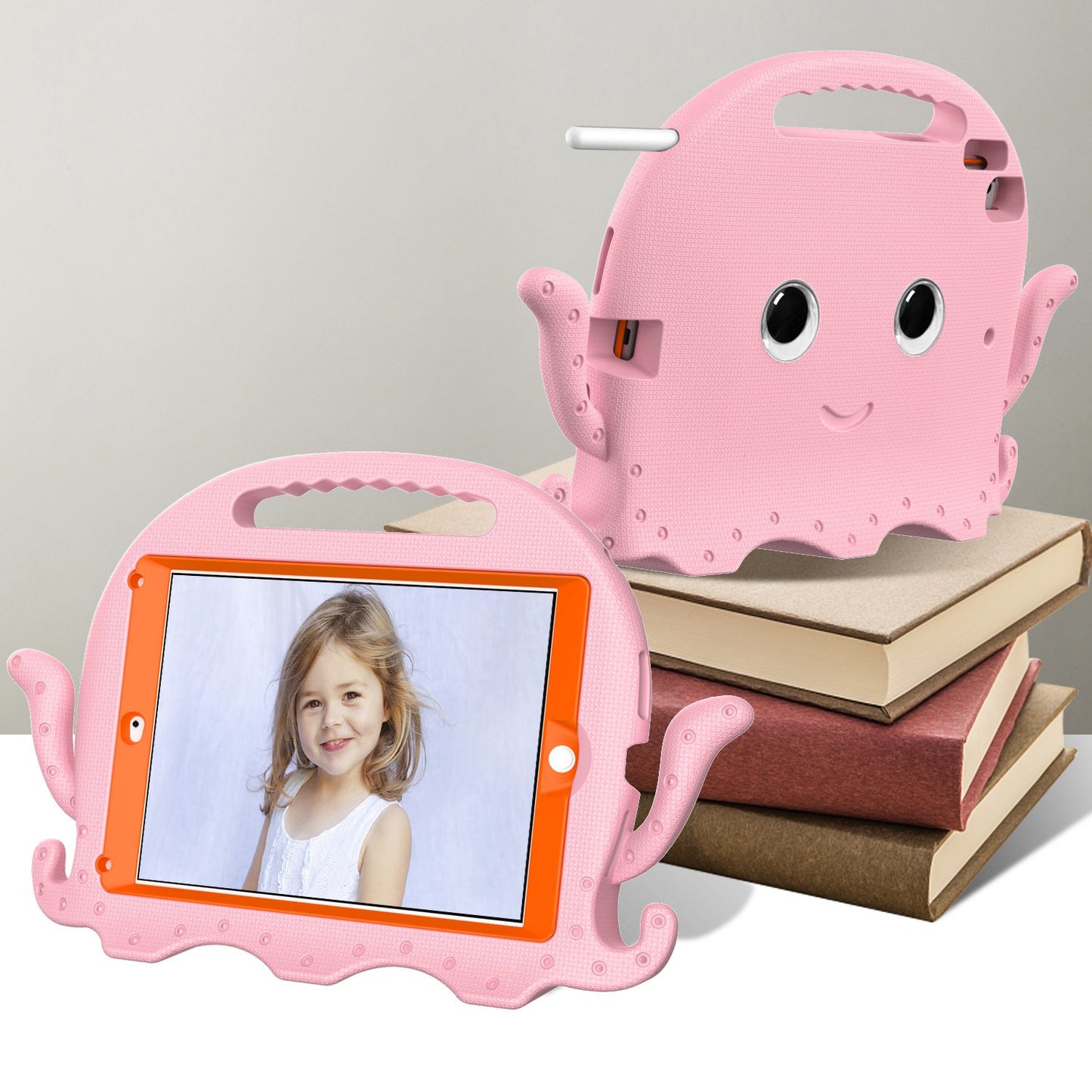 For iPad 9.7-inch (2017)/(2018)/iPad Pro 9.7 inch (2016) Portable EVA Case Cute Cartoon Octopus Pen Slot Design Anti-drop Tablet Protective Cover with Handle and Shoulder Strap