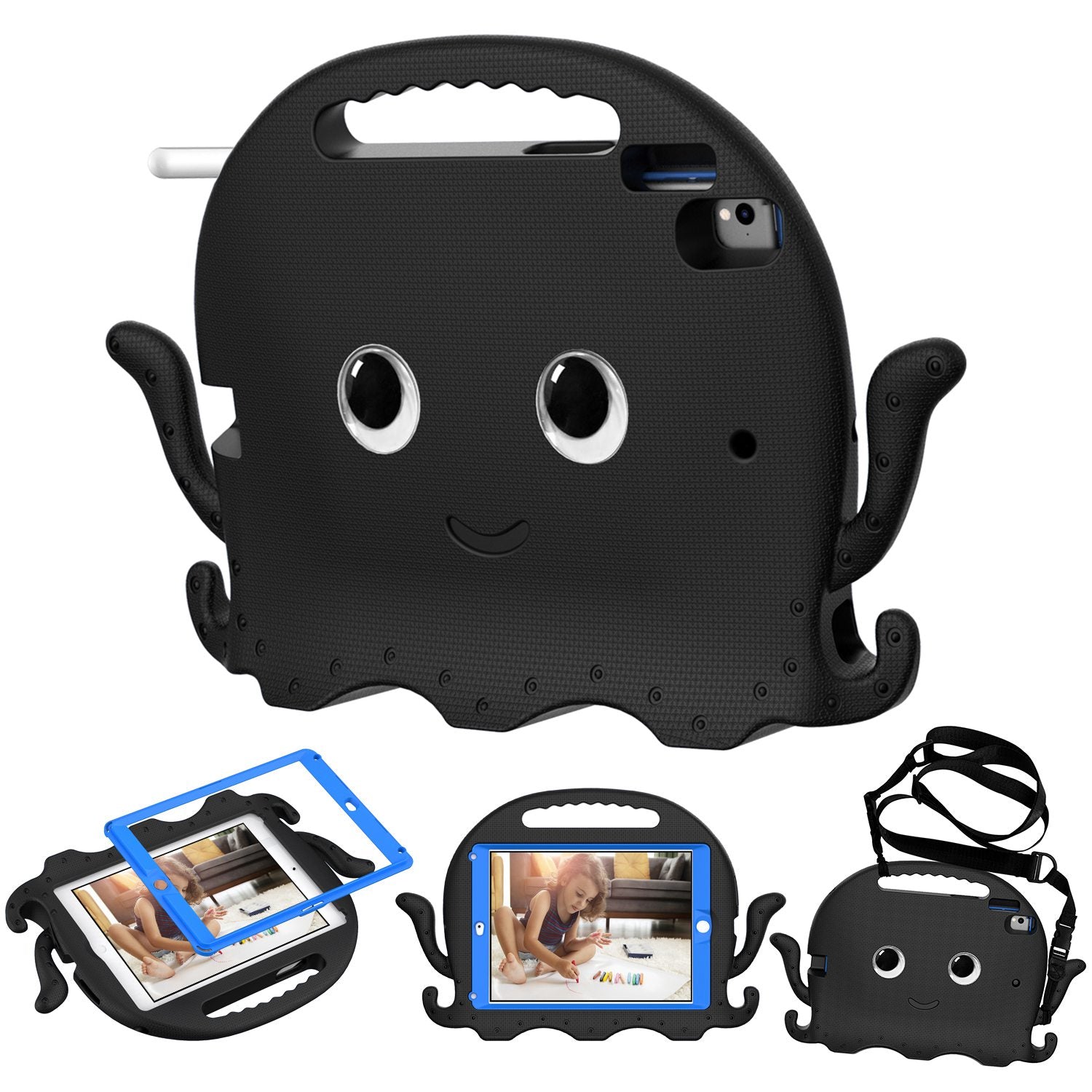 For iPad 9.7-inch (2017)/(2018)/iPad Pro 9.7 inch (2016) Portable EVA Case Cute Cartoon Octopus Pen Slot Design Anti-drop Tablet Protective Cover with Handle and Shoulder Strap