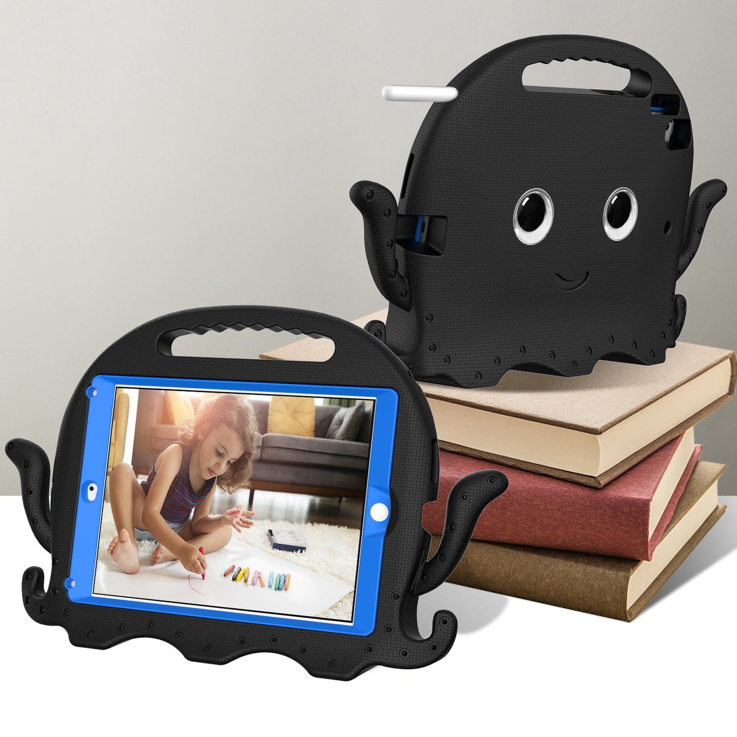 For iPad 9.7-inch (2017)/(2018)/iPad Pro 9.7 inch (2016) Portable EVA Case Cute Cartoon Octopus Pen Slot Design Anti-drop Tablet Protective Cover with Handle and Shoulder Strap
