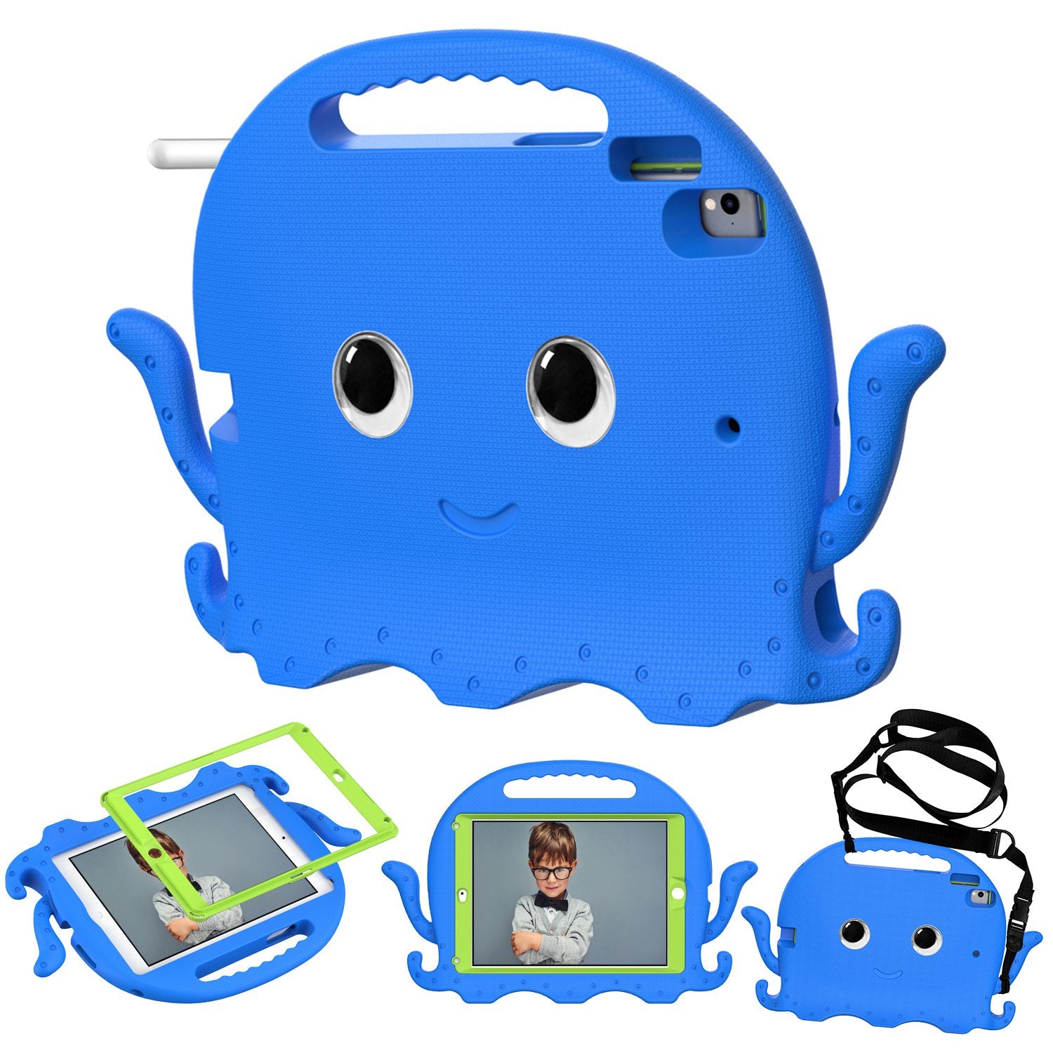 For iPad 9.7-inch (2017)/(2018)/iPad Pro 9.7 inch (2016) Portable EVA Case Cute Cartoon Octopus Pen Slot Design Anti-drop Tablet Protective Cover with Handle and Shoulder Strap