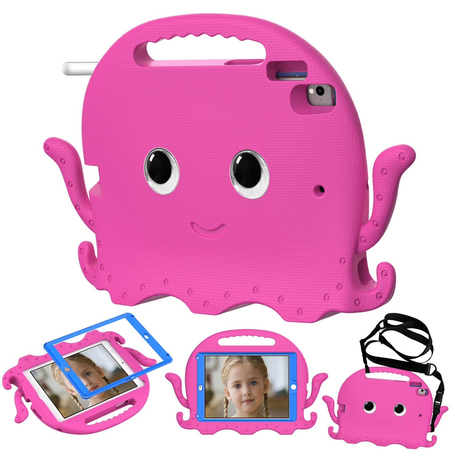 For iPad 9.7-inch (2017)/(2018)/iPad Pro 9.7 inch (2016) Portable EVA Case Cute Cartoon Octopus Pen Slot Design Anti-drop Tablet Protective Cover with Handle and Shoulder Strap
