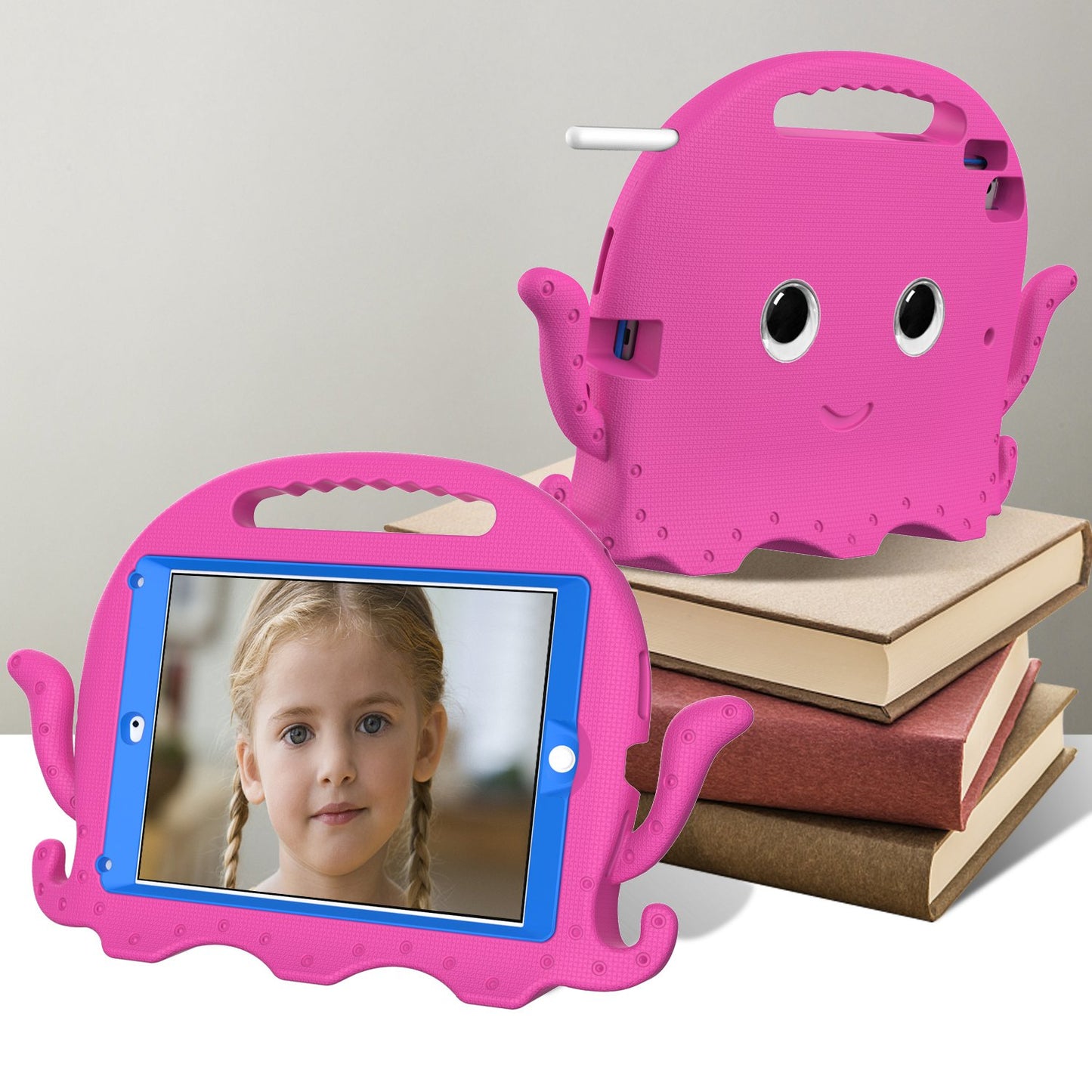 For iPad 9.7-inch (2017)/(2018)/iPad Pro 9.7 inch (2016) Portable EVA Case Cute Cartoon Octopus Pen Slot Design Anti-drop Tablet Protective Cover with Handle and Shoulder Strap