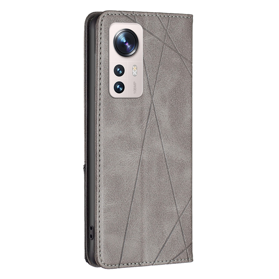 For Xiaomi 12 Lite BF Imprinting Pattern Series-1 Geometric Imprinted Magnetic Auto-absorbed PU Leather Cover Card Holder Stand Inner TPU Case